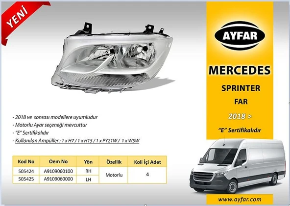 Ayfar Far Motorlu Sol Mercedes Sprinter (2018) ürün görseli