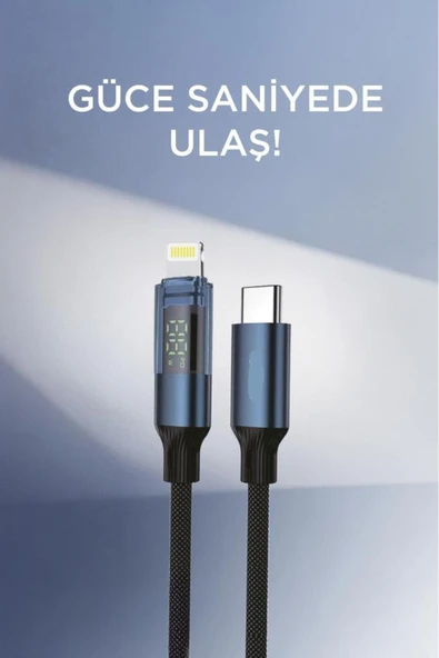 U22 Type-C to Lightning 27W Hızlı Şarj Kablosu LED Ekranlı Dayanıklı Örgü Kablo - 3