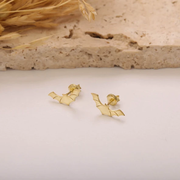 925 Ayar Gümüş Gold Yarasa Küpe - Resim 3