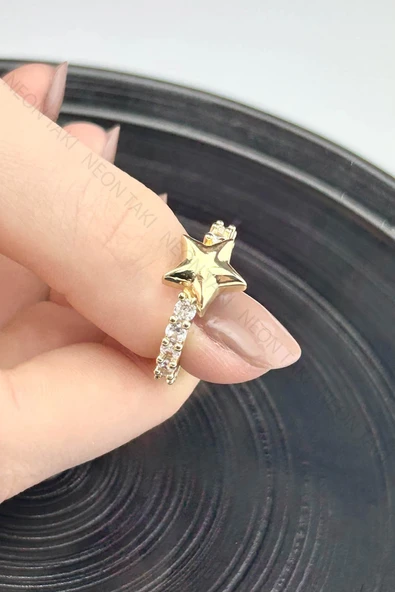 Yüzük, Zirkon Taşlı, Kararmayan Çelik, Yıldız Detaylı, Ölçü Ayarlanabilir, Altın Renk, Model176 - Resim 2