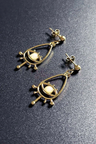 Küpe, Kararmayan Paslanmaz Çelik, İnci ve Göz Detaylı, Altın Renk, Model634 - Resim 3