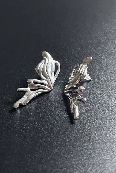 Küpe, Kararmayan Paslanmaz Çelik, Kelebek Detaylı, Gümüş Renk, Model646 - Resim 3