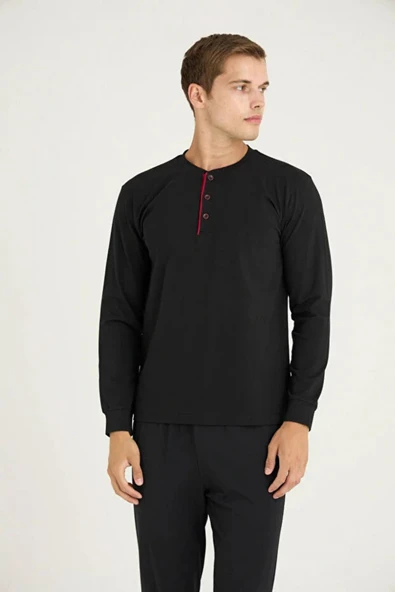 Kly Erkek Büyük Beden %100 Pamuklu Düğmeli Manşetli Uzun Kol Pijama Takım - Resim 4