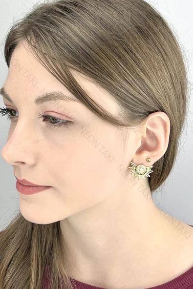 Küpe, Zirkon Taşlı, Kararmayan Paslanmaz Çelik, Güneş Detaylı, Altın Renk, Model657 - Resim 2