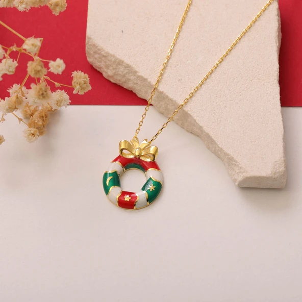 925 Ayar Gümüş Mineli Yılbaşı Kapı Dekorasyonu ve Kurdele Kolye - Resim 3