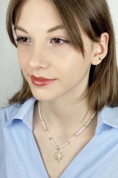 Güneş Figürlü, İp Kolye 423, Altın Renk - 2