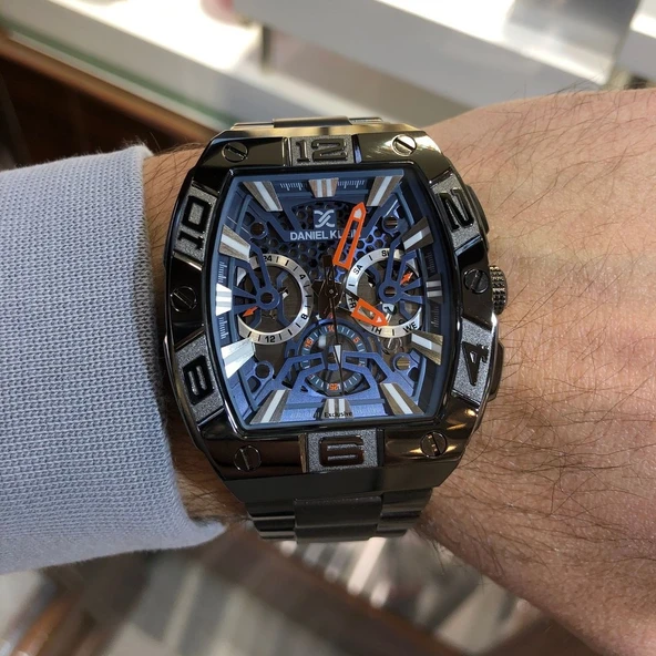 Daniel Klein DKE.1.13756.6 Füme Çelik Mavi Fonksiyonlu Supersport Köşeli Kavisli Oval Dikdörtgen Erkek Kol Saati - Resim 4