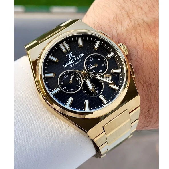 Daniel Klein DKE.1.13981.11 Gold Altın Siyah Mikro Kare Desenli Takvimli Fosforlu Çelik Kordonlu Erkek Kol Saati - 2