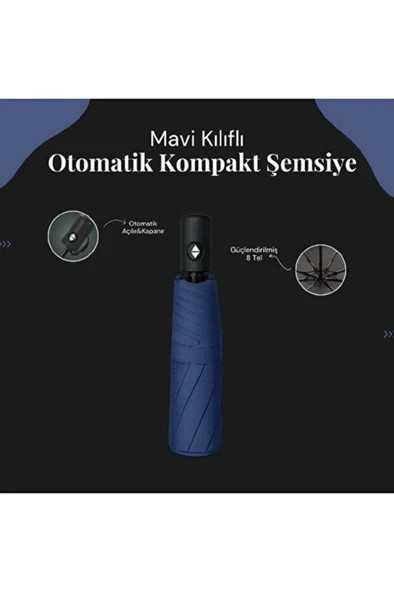 Mavi 8 Telli Şemsiye Unisex Rüzgara Dayanıklı Kırılmayan Erkek Kadın Tam Otomatik Şemsiye 98x58 cm - 3