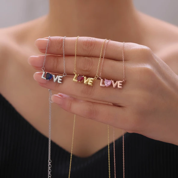 925 Ayar Gümüş Love Yazılı Renkli Kalp Taşlı Kolye - Resim 2