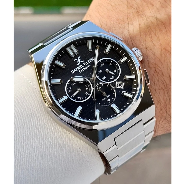 Daniel Klein DKE.1.13981.1 Siyah Gümüş Mikro Kare Desenli Takvimli Fosforlu Çelik Kordonlu Erkek Kol Saati - 3