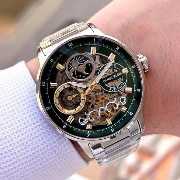 Daniel Klein DKE.1.14043.4 Yeşil Gold Gümüş Skeleton Ay Güneş Takvimli Çelik Kordonlu Otomatik Erkek Kol Saati - Resim 3