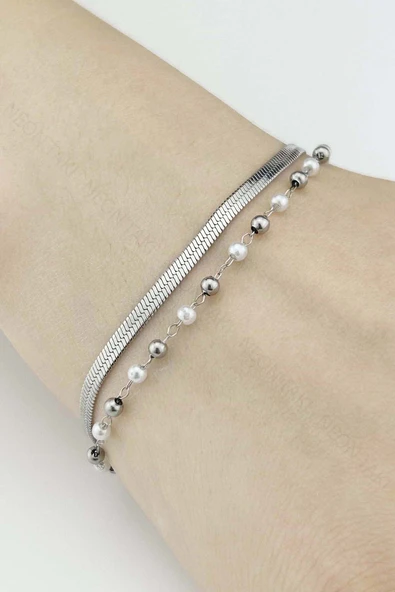 Bileklik, Kararmayan Paslanmaz Çelik, İtalyan Zinciri, İnci Detaylı, Gümüş Renk, Model501 ürün görseli 1