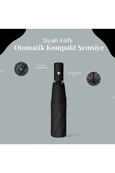 Siyah 8 Telli Şemsiye Unisex Rüzgara Dayanıklı Kırılmayan Erkek Kadın Tam Otomatik Şemsiye 98x58 cm - Resim 2
