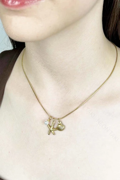 Kolye, Kararmayan Paslanmaz Çelik, Deniz Yıldızı, İnci ve Midye Detaylı, Altın Renk, Model411 ürün görseli 1