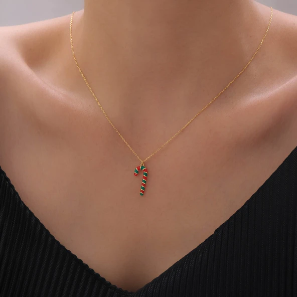 925 Ayar Gümüş Mineli Yılbaşı Baston Şekeri Kolye ürün görseli