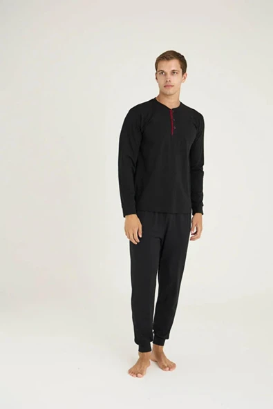 Kly Erkek Büyük Beden %100 Pamuklu Düğmeli Manşetli Uzun Kol Pijama Takım - Resim 2