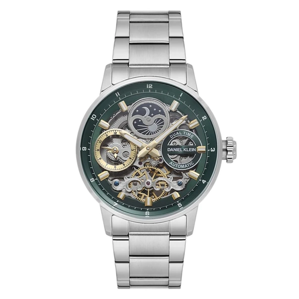 Daniel Klein DKE.1.14043.4 Yeşil Gold Gümüş Skeleton Ay Güneş Takvimli Çelik Kordonlu Otomatik Erkek Kol Saati ürün görseli 1