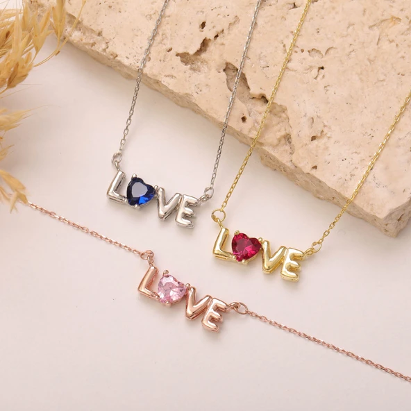 925 Ayar Gümüş Love Yazılı Renkli Kalp Taşlı Kolye - Resim 3