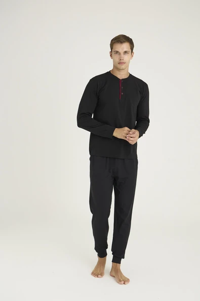 Kly Erkek Büyük Beden %100 Pamuklu Düğmeli Manşetli Uzun Kol Pijama Takım ürün görseli