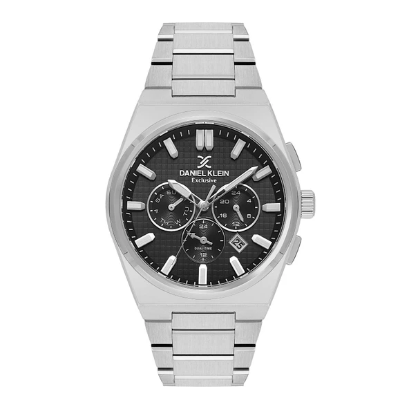 Daniel Klein DKE.1.13981.1 Siyah Gümüş Mikro Kare Desenli Takvimli Fosforlu Çelik Kordonlu Erkek Kol Saati