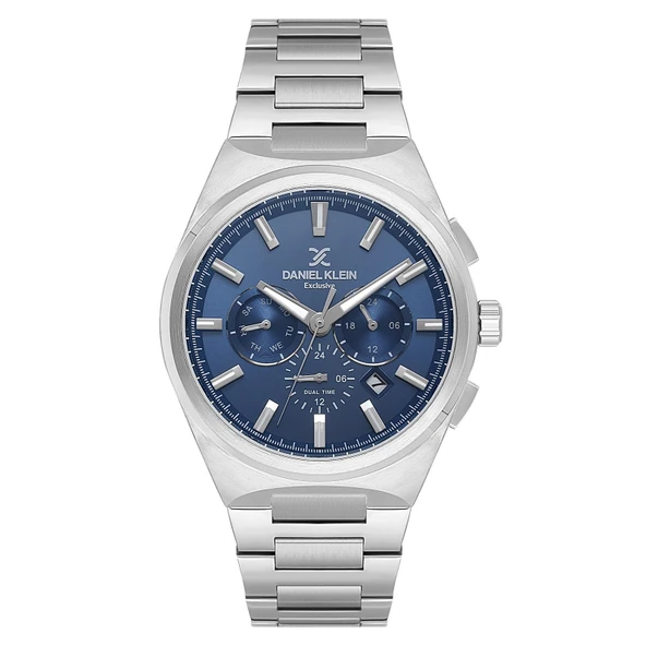 Daniel Klein DKE.1.14069.7 Lacivert Gümüş Çizgili Fonksiyonlu Düğün Nişan Hediye Çelik Kordonlu Takvimli Erkek Kol Saati