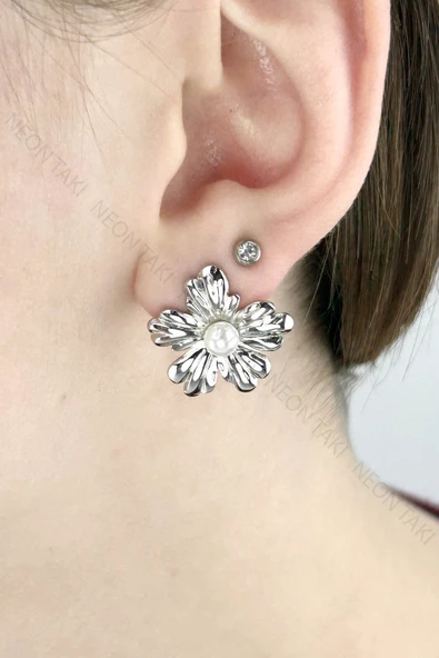 Küpe, Kararmayan Paslanmaz Çelik, İnci ve Çiçek Detaylı, Gümüş Renk, Model654 ürün görseli 1