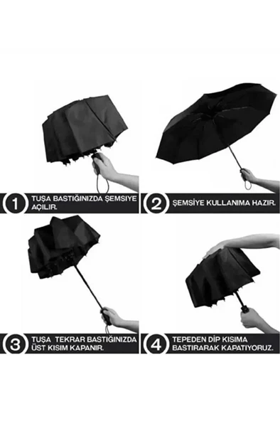 Siyah 8 Telli Şemsiye Unisex Rüzgara Dayanıklı Kırılmayan Erkek Kadın Tam Otomatik Şemsiye 98x58 cm - Resim 5