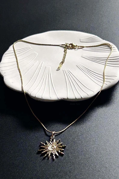 Zirkon Taşlı, Mineli Güneş Figürlü Paslanmaz Çelik Kolye 418, Altın Renk - 4