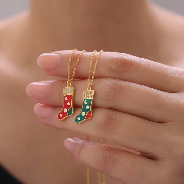 925 Ayar Gümüş Mineli Yılbaşı Çorap Figürü Kolye - Resim 2