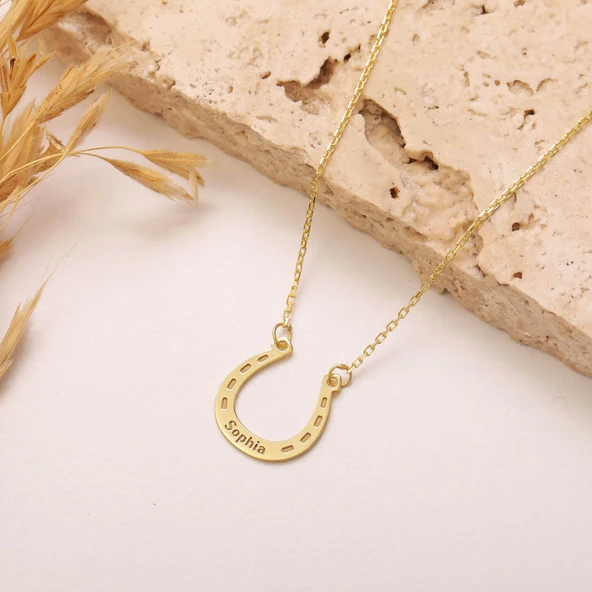 925 Ayar Gümüş İsimli Şans Sembolü Nal Kolye - Resim 3