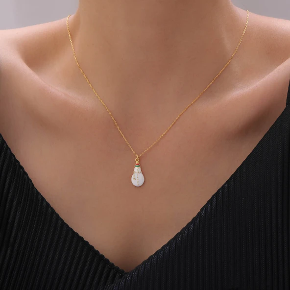 925 Ayar Gümüş Beyaz Mineli Kardan Adam Kolye - Resim 2