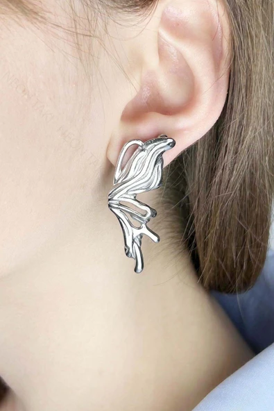 Küpe, Kararmayan Paslanmaz Çelik, Kelebek Detaylı, Gümüş Renk, Model646 ürün görseli 1