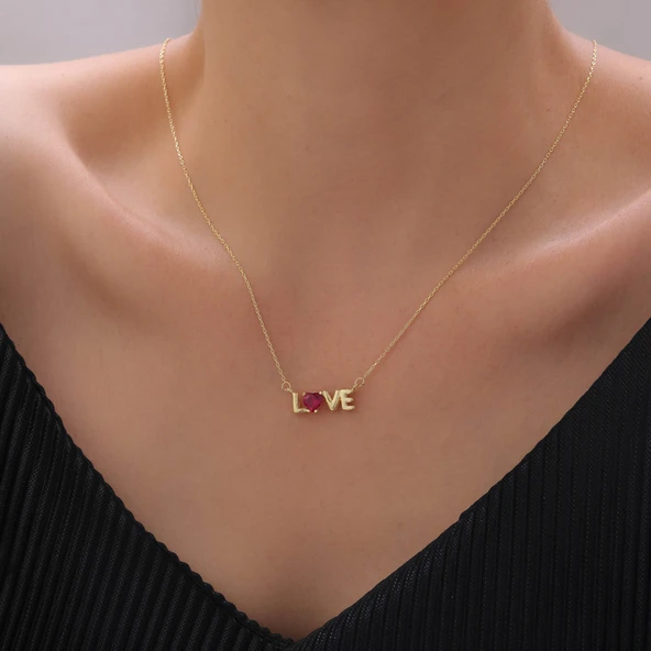 925 Ayar Gümüş Love Yazılı Renkli Kalp Taşlı Kolye ürün görseli