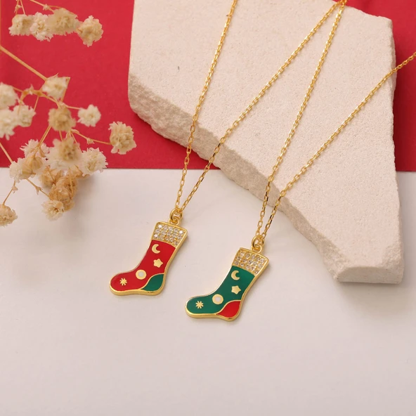 925 Ayar Gümüş Mineli Yılbaşı Çorap Figürü Kolye ürün görseli