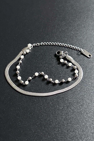 Bileklik, Kararmayan Paslanmaz Çelik, İtalyan Zinciri, İnci Detaylı, Gümüş Renk, Model501 - Resim 3