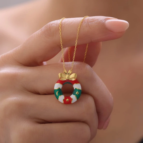 925 Ayar Gümüş Mineli Yılbaşı Kapı Dekorasyonu ve Kurdele Kolye ürün görseli