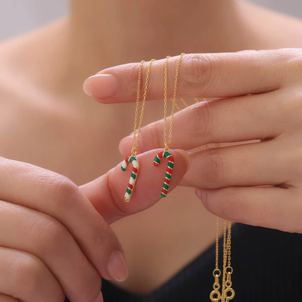 925 Ayar Gümüş Mineli Yılbaşı Baston Şekeri Kolye - Resim 2