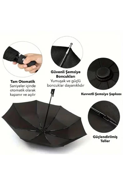 Siyah 8 Telli Şemsiye Unisex Rüzgara Dayanıklı Kırılmayan Erkek Kadın Tam Otomatik Şemsiye 98x58 cm - Resim 8