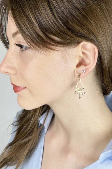 Küpe, Kararmayan Paslanmaz Çelik, İnci ve Göz Detaylı, Altın Renk, Model634 - Resim 2