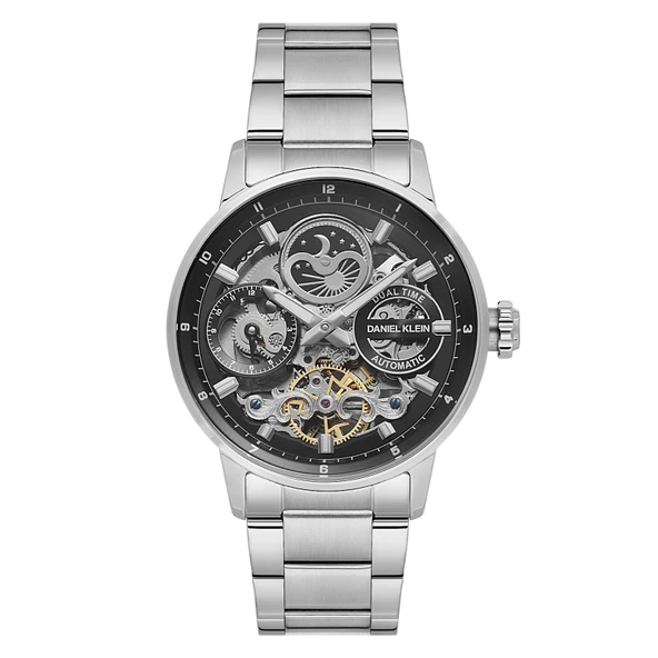 Daniel Klein DKE.1.14043.2 Siyah Gümüş Skeleton Ay Güneş Takvimli Çelik Kordonlu Otomatik Erkek Kol Saati