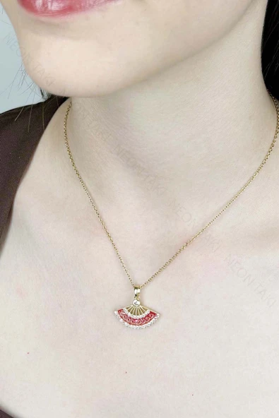 Kolye, Zirkon Taşlı, Kararmayan Paslanmaz Çelik, Yelpaze Detaylı, Altın Renk, Model413 ürün görseli 1