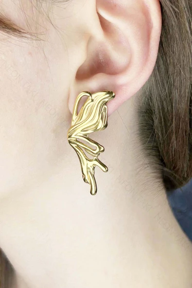 Küpe, Kararmayan Paslanmaz Çelik, Kelebek Detaylı, Altın Renk, Model645 ürün görseli 1