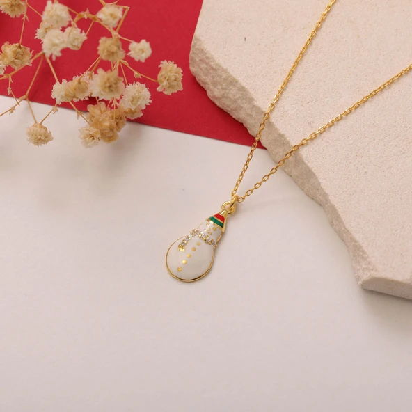 925 Ayar Gümüş Beyaz Mineli Kardan Adam Kolye - Resim 3