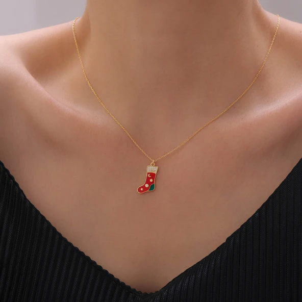 925 Ayar Gümüş Mineli Yılbaşı Çorap Figürü Kolye - Resim 3