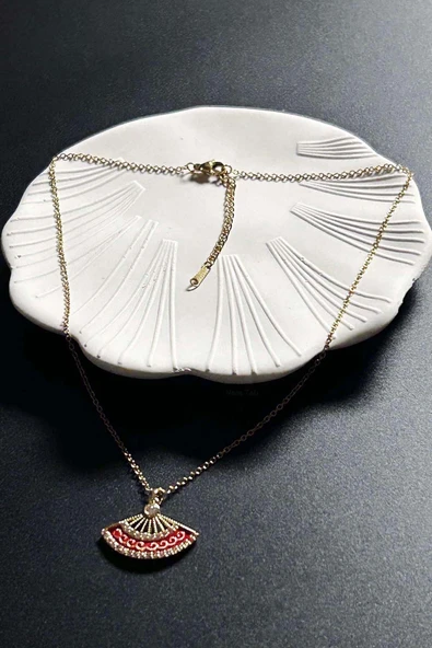 Kolye, Zirkon Taşlı, Kararmayan Paslanmaz Çelik, Yelpaze Detaylı, Altın Renk, Model413 - Resim 4