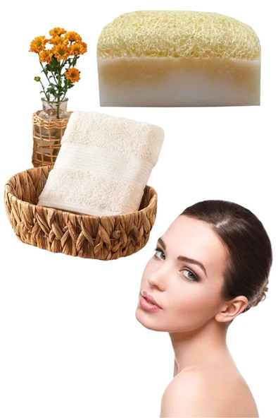 2li Set %100 Doğal Kabak Lifli Eşek Sütü Beyazlatıcı Sabun El Yüz Kurulama Havlu - 2