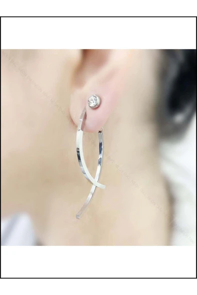 Çift Çapraz Sallantılı Model, Paslanmaz Çelik Küpe 567, Gümüş Renk - 3