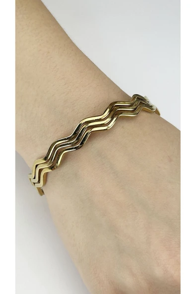 Ajda Bilezik, 3adet, Kare Zik Zak form, Paslanmaz Charm Taşıyıcı Bileklik 161, Çap 60mm, Altın renk - 2