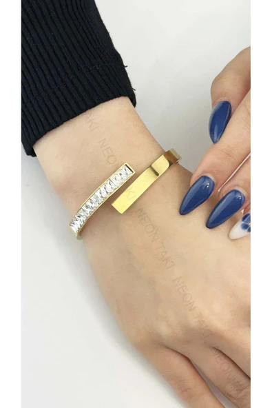 Kelepçe Bileklik, Zirkon Taşlı, Kararmayan Paslanmaz Çelik, Altın Renk, Model129 ürün görseli 1